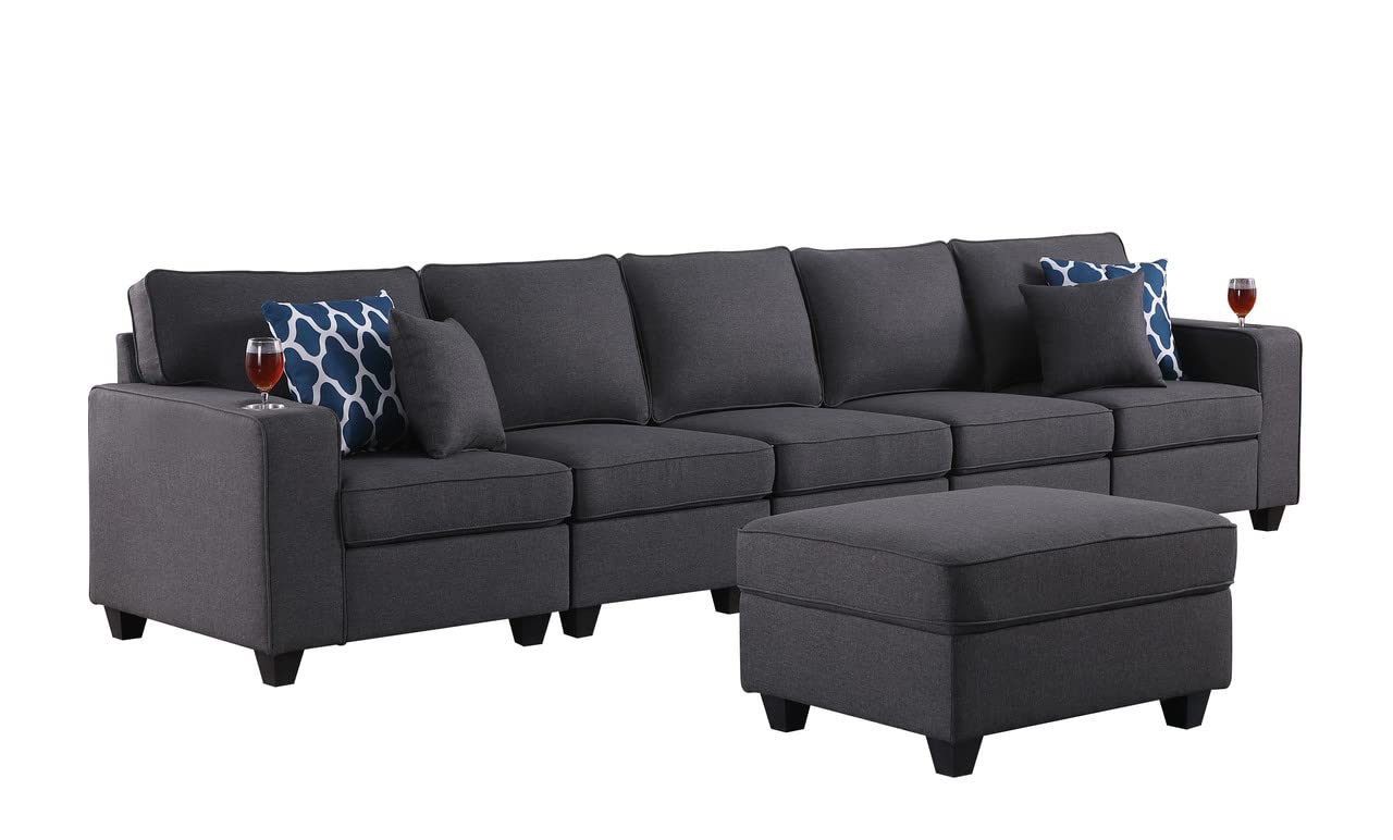 Lilola Home Cooper Dark Gray Linen 5-Seater Sofa with Ottoman and Cupholder