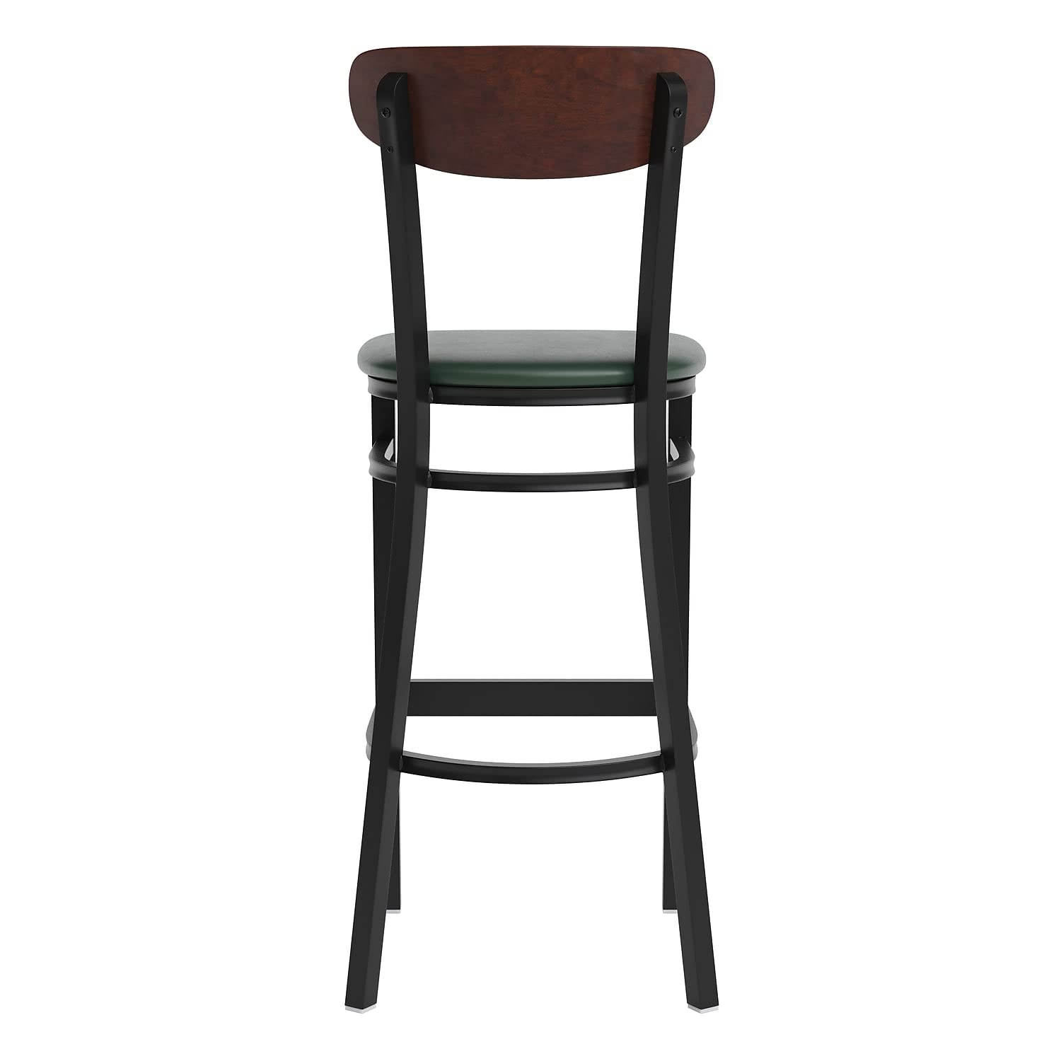Flash Furniture Wright Commercial Barstool - Walnut Finish Wood Boomerang Back - Green Vinyl Seat - 500 LB. Capacity Black Steel Frame - Integrated Footrest