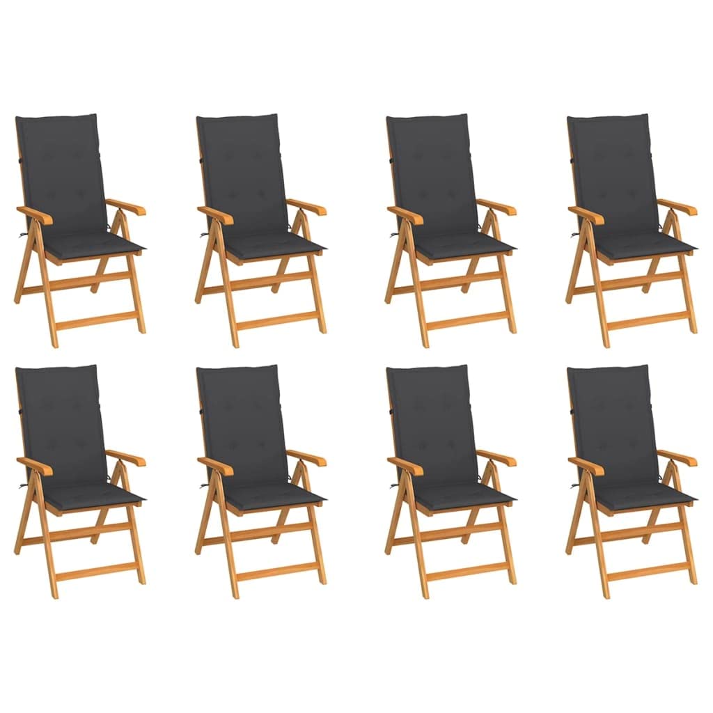 vidaXL Set of 8 Adjustable Reclining Patio Chairs - Durable Solid Teak Wood, Fine Sanded Finish - Includes Comfortable Fabric Cushions in Anthracite - Foldable, Space-Saving Design - Ideal for Out...