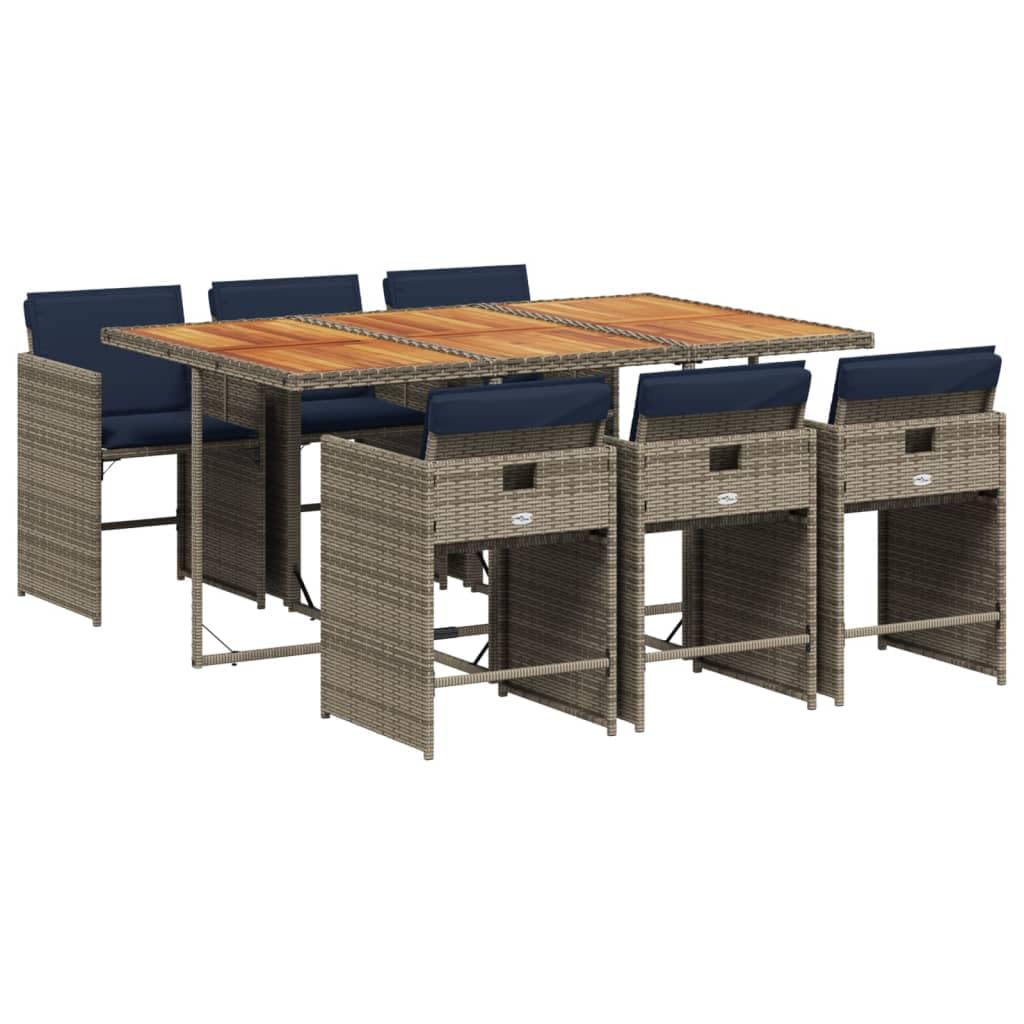 vidaXL 7 Piece Patio Dining Set with Cushions - Gray PE Rattan, Acacia Wood Tabletop, Foldable Chairs, Removable Navy Blue Cushion Covers, Outdoor/Garden Furniture for Backyard/Deck