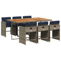 vidaXL 7 Piece Patio Dining Set with Cushions - Gray PE Rattan, Acacia Wood Tabletop, Foldable Chairs, Removable Navy Blue Cushion Covers, Outdoor/Garden Furniture for Backyard/Deck
