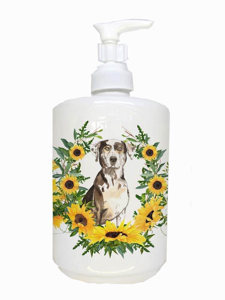 Caroline's Treasures CK2980SOAP Catahoula Leopard Dog in Sunflowers Ceramic Soap Dispenser Hand Soap Dispenser Pump Bottles for 