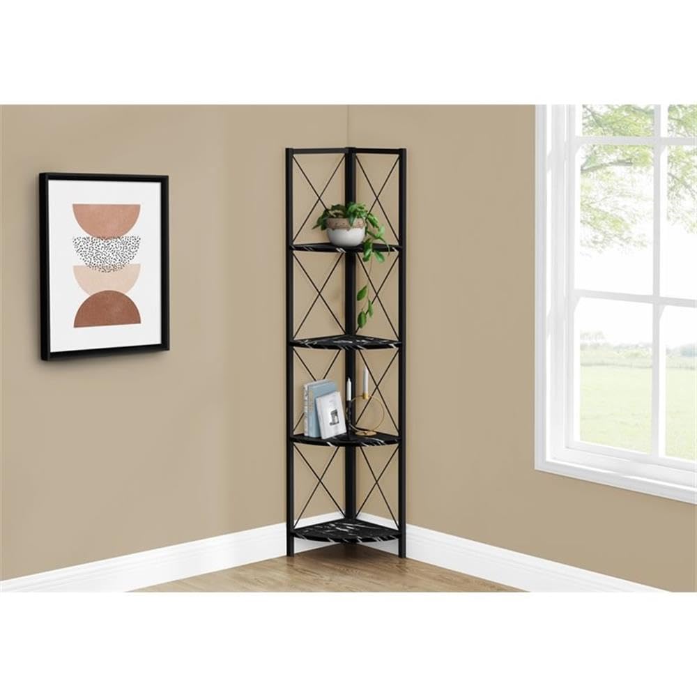 Monarch Specialties I 3650 Bookshelf, Bookcase, Etagere, Corner, 4 Tier, 60' H, Office, Bedroom, Metal, Laminate, Black Marble Look, Contemporary, Modern