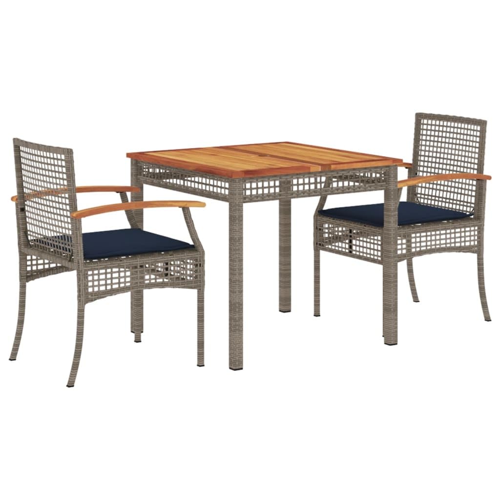 vidaXL Patio Dining Set with Cushions - 3 Piece Gray Poly Rattan Outdoor Furniture - Garden Table & 2 Chairs