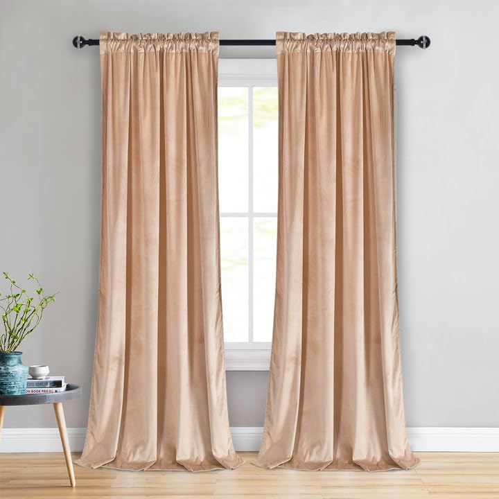 Jiuzhen Blush Beige Velvet Curtains 108 Inches For Living Room-Thermal Insualted Room Darkening Rod Pocket Thick Velvet Window D