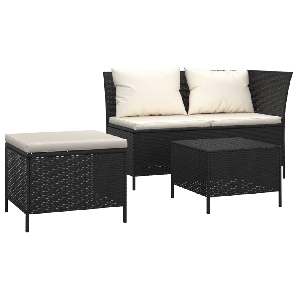 vidaXL Outdoor Patio Lounge Set, 3-Piece, Elegant Style, Ample Storage Space, with Cushions, Water-Resistant Bag, Comfortable Seating, Easy Assembly, Black Poly Rattan