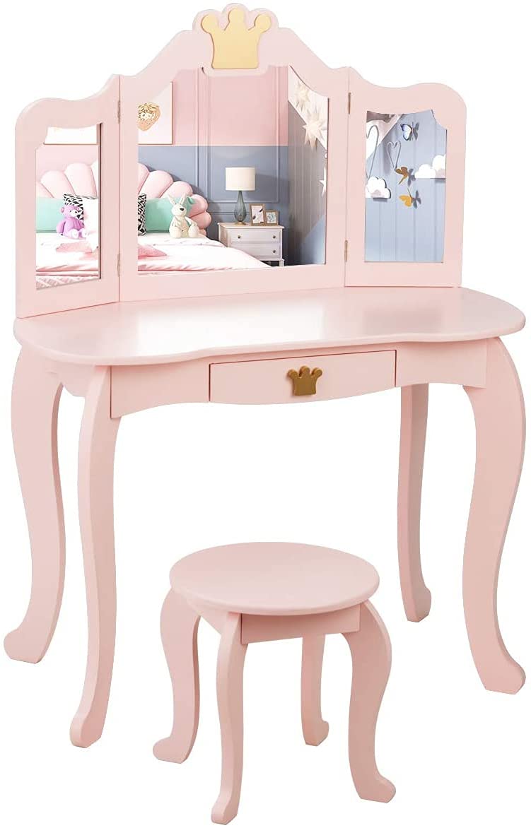 Kotek Kids Vanity Set W/Tri-Folding Mirror, Princess Makeup Dressing Table W/Detachable Top & Drawer, 2-In-1 Vanity Table And Chair Set, Crown Pretend Beauty Play Vanity For Girls (Pink)
