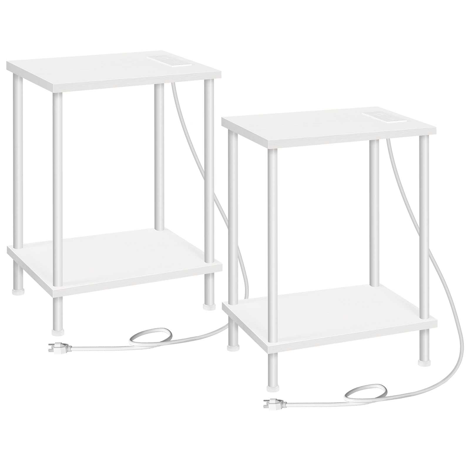 Hoobro Side Table With Charging Station, Set Of 2 End Tables With Usb Ports And Outlets, Nightstand With 2-Layer Storage Shelves For Small Spaces, Living Room, Bedroom, White Ww09Ubzp201