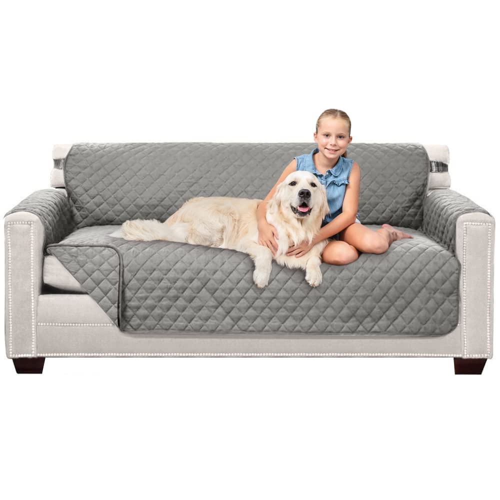 Sofa Shield Patented Couch Slip Cover, Large Cushion Protector, Reversible Stain And Dog Tear Resistant Slipcover, Quilted Microfiber 70” Seat, Washable Covers For Dogs Pets Kids, Light Gray