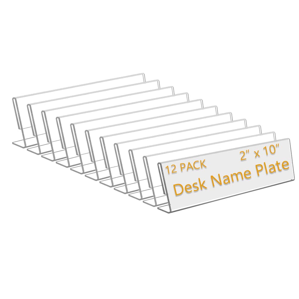12 Pack 10'W X 2'H Acrylic Office Name Plates Name Labels For Desks, Horizontal Slant Back Clear Desk Sign Holder For Table Di