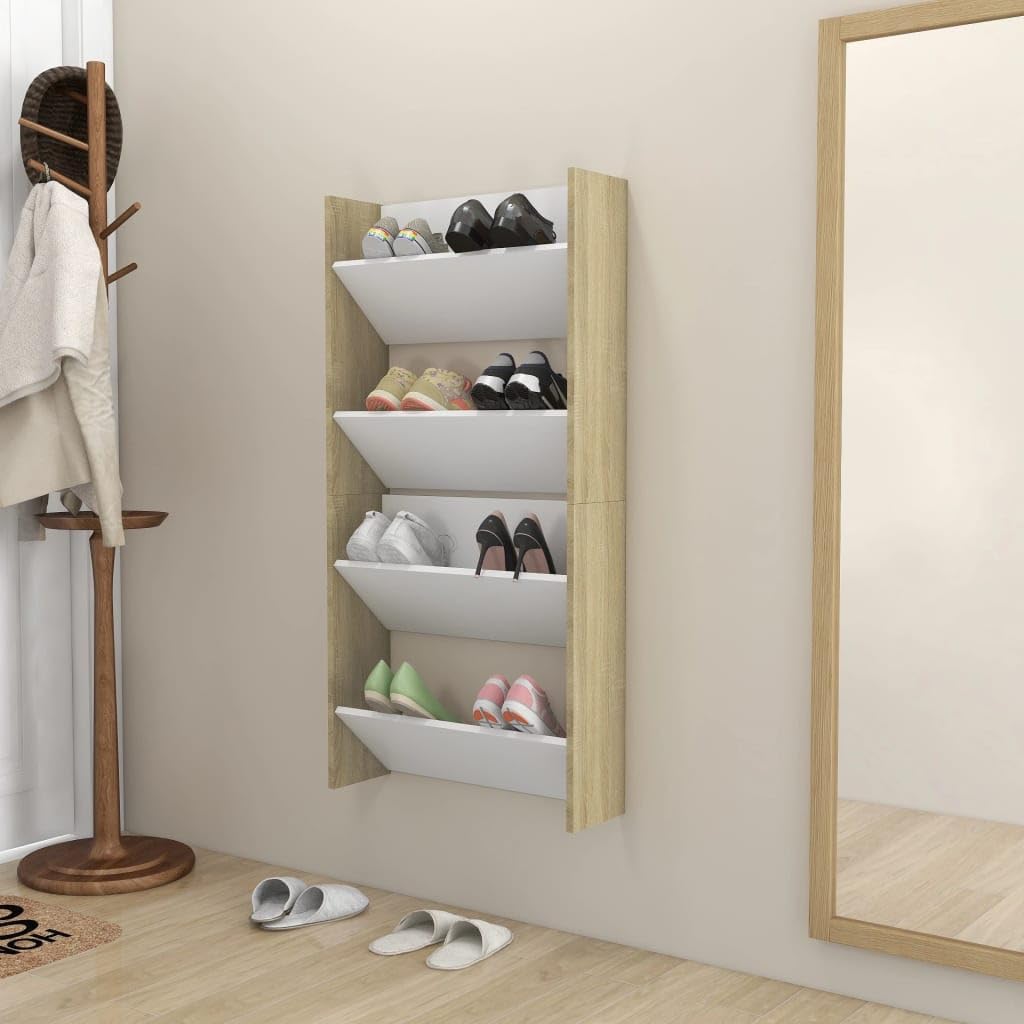 vidaXL Wall Shoe Cabinets 2 pcs White&Sonoma Oak 23.6"x7.1"x23.6" Engineered Wood