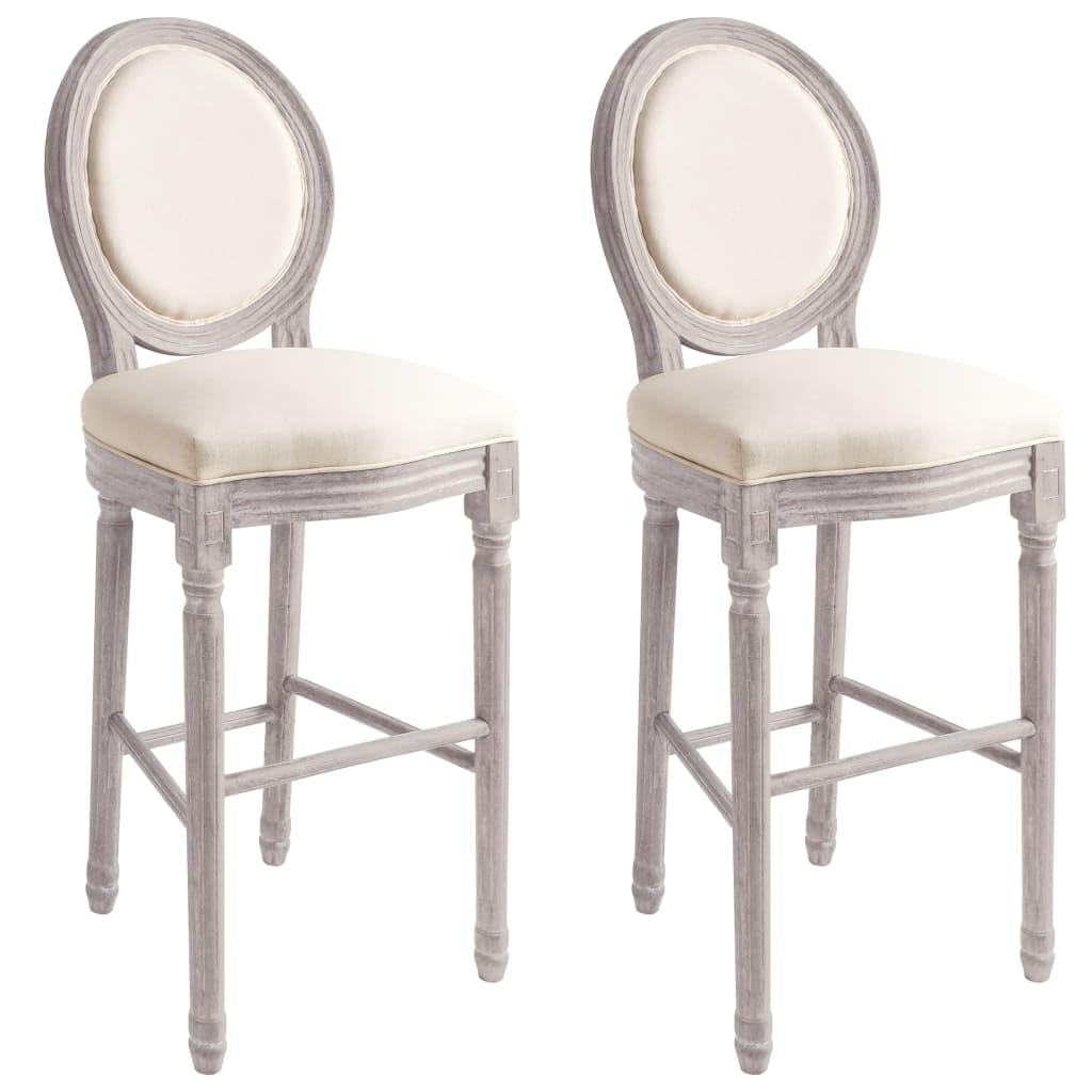 vidaXL Set of 2 Bar Stools in White Linen, Solid Wood Frame, Antique Baroque Design, Generously Padded Seats, Easy Assembly, Classic Kitchen or Dining Room Furniture