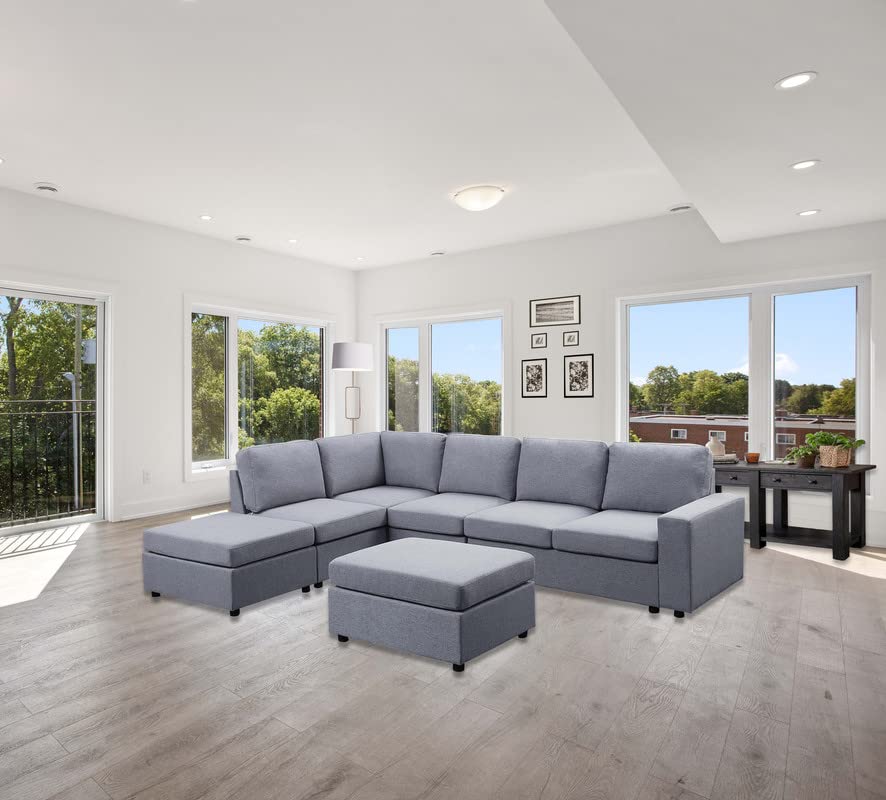Lilola Home Marley Light Gray Linen 7 Seat Reversible Modular Sectional Sofa with Ottoman
