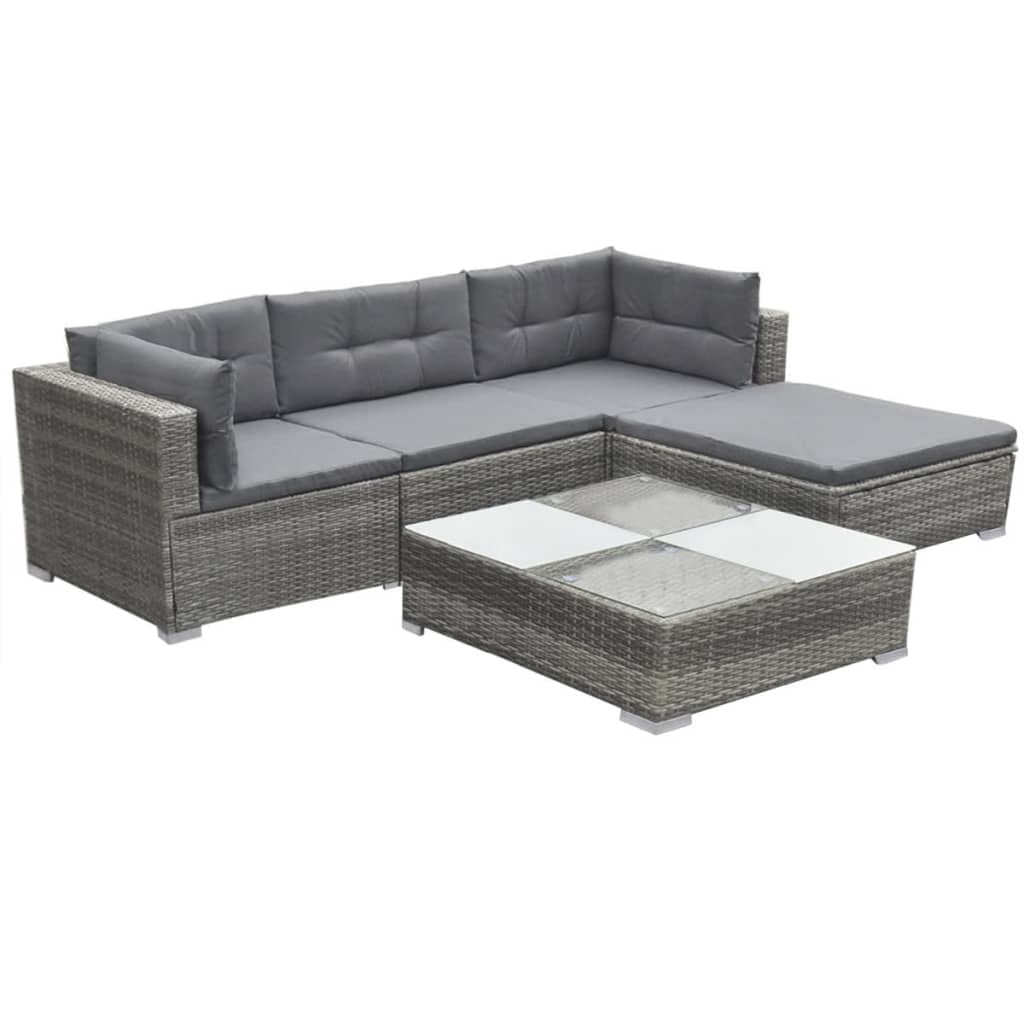 vidaXL 5-Piece Outdoor Patio Lounge Set - Modular, Weather-Resistant Poly Rattan - Includes Corner Sofas, Center Sofa, Footrest, Tea Table, and Cushions - Gray