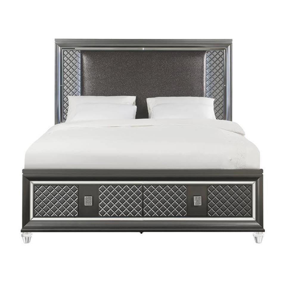 Acme Sawyer Queen Bed W/Storage (Led) In Fabric & Metallic Gray