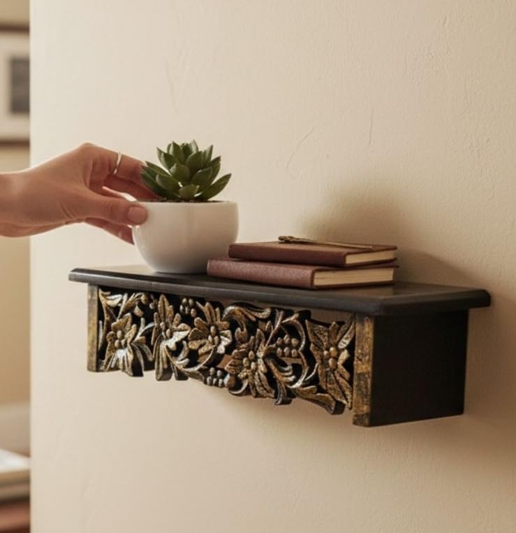 Handcrafted Wooden Wall Shelf | Carved Wooden Wall Bracket Shelf For Living Room, Bedroom, Home & Office Decor | Solid Wood Floa
