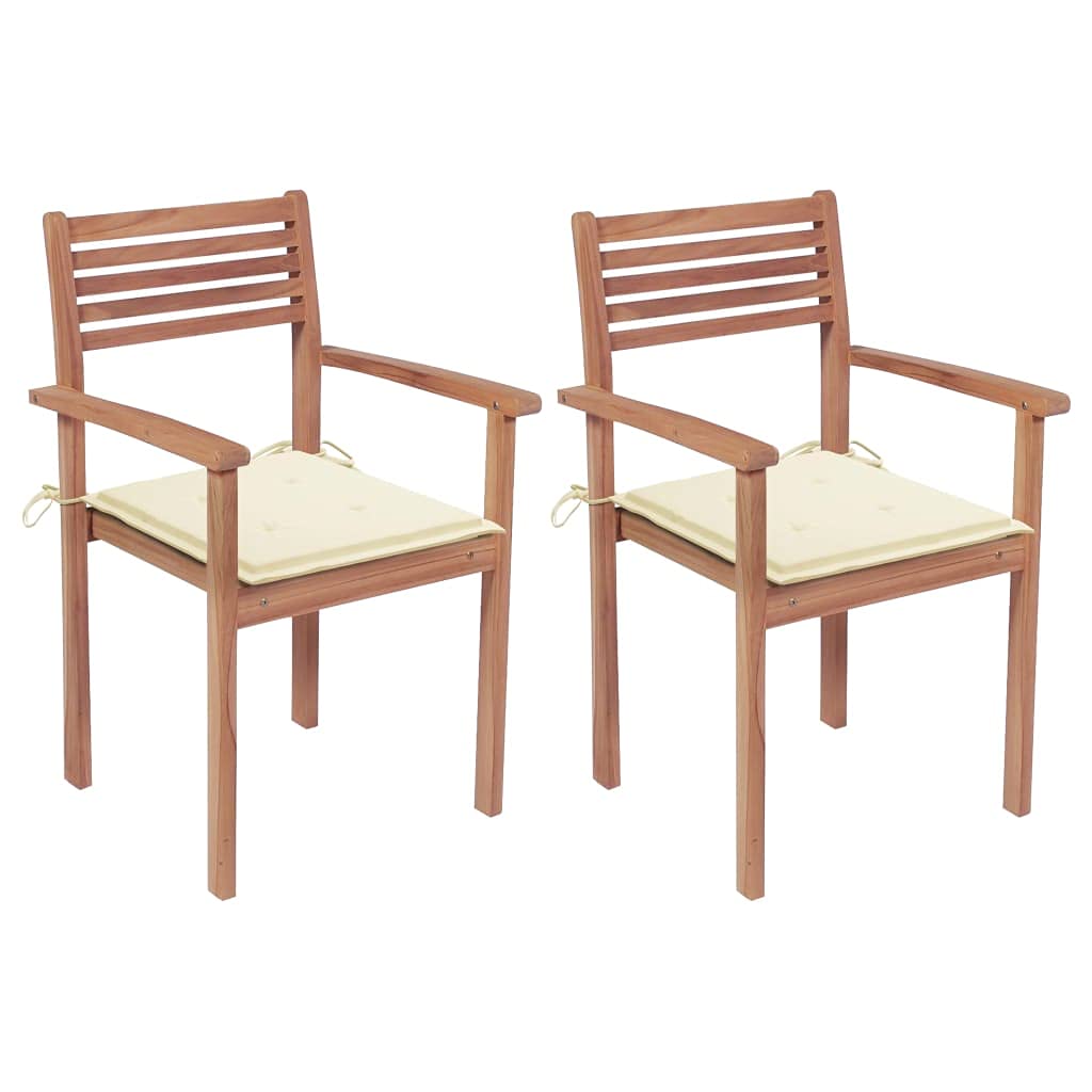 vidaXL Solid Teak Wood Patio Chairs with Cream Cushions - Classic Design, Stackable for Easy Storage, Ideal for Home, Office, Bars and Cafes - Set of 2