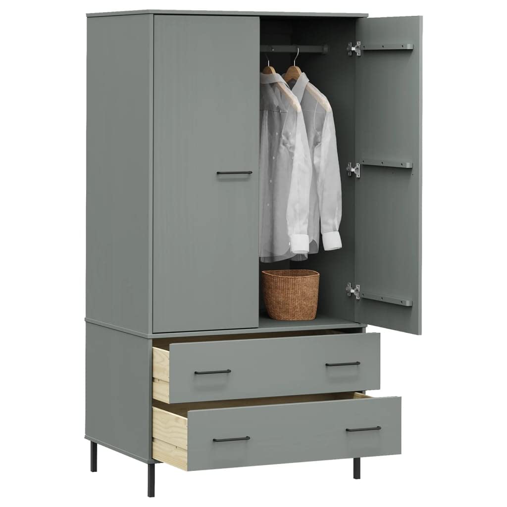 Wardrobe with Metal Legs Gray 35.4&quot;x21.7&quot;x67.9&quot; Solid Wood OSLO