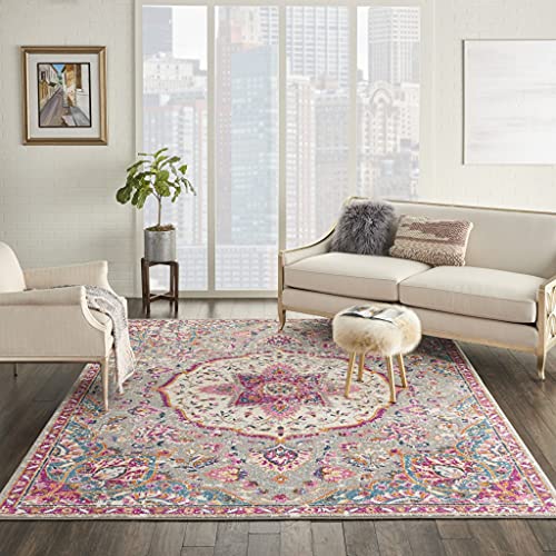 HomeRoots Grey/Multi 100% Polypropylene 7’ x 10’ Gray and Pink Medallion Area Rug