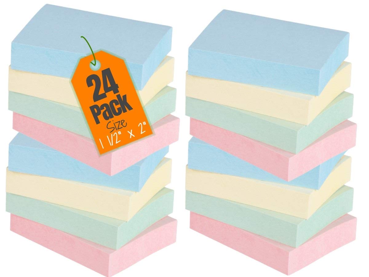 1Intheoffice Small Sticky Notes 1.5 X 2, Pastel Sticky Notes, Colored Sticky Notes, Assorted 100 Sheets- 24/Pack