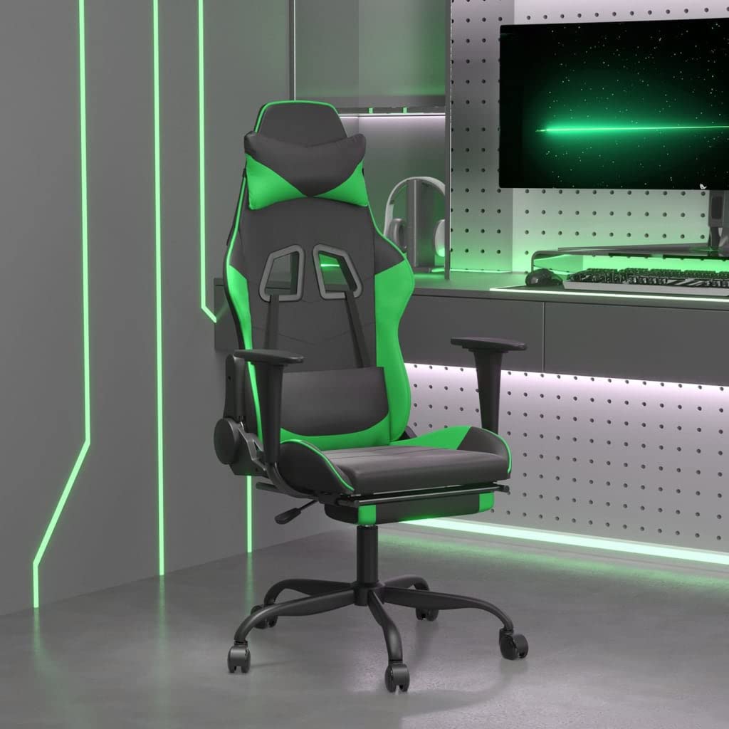 vidaXL Adjustable Gaming Chair with Footrest - Black and Green Faux Leather - Ergonomic Design - Lightweight & Durable - Modern Style Gaming Chair