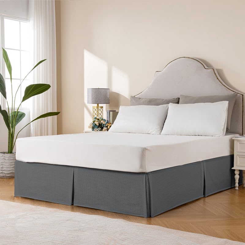 Miye Pleated Waffle Weave Bed Skirt, Tailored Dust Ruffle 18 Inch Drop Easy Fit, Machine Washable (Dark Grey, Twinxl - 18'' Drop