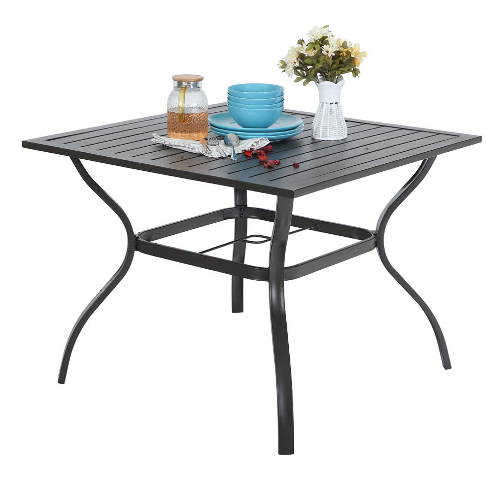 Sophia & William 37' Square Patio Outdoor Dining Table With 1.57' Umbrella Hole, All-Weather Resistant Table With E-Coating For 4 People, Black Metal Steel Slated Table For Garden Backyard Poolside