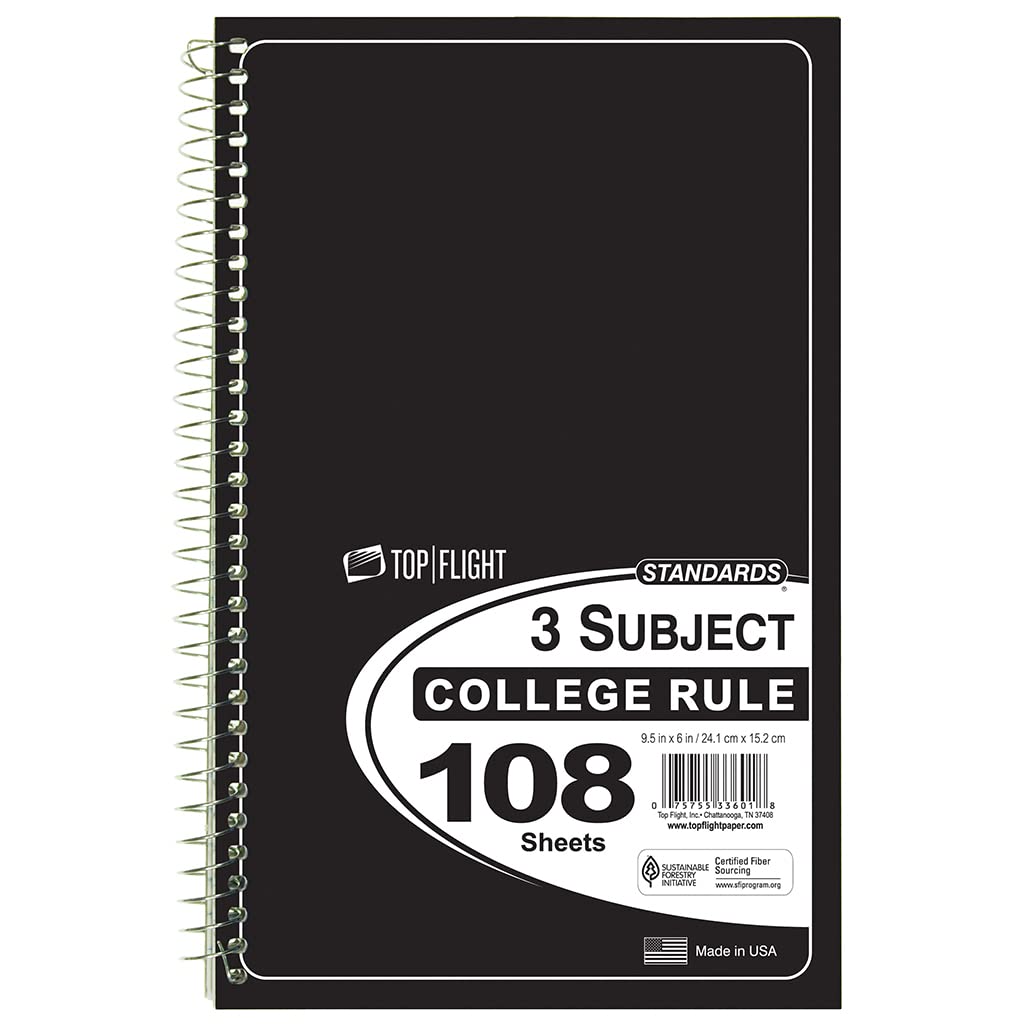 Top Flight Standards 3-Subject Wirebound Notebook, 108 Sheets, College Rule, 9.5 X 6 Inches, 1 Notebook, Cover Color May Vary (3
