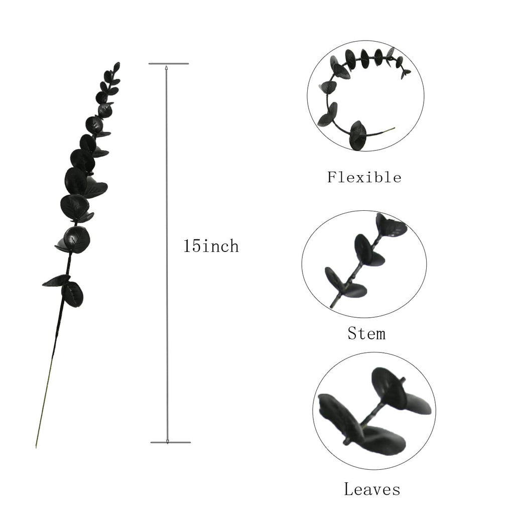 Tinsow Black Artificial Eucalyptus Stem Bulk Halloween Faux Eucalyptuses Wedding Bouquet Centerpiece Home Decor (65, Black)