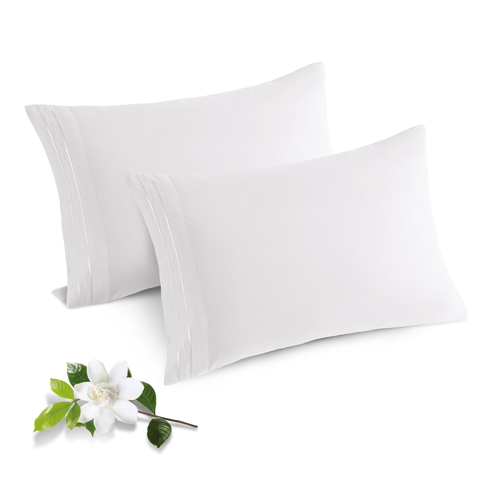 Horbaunal 2 Pack Microfiber Pillowcases Standard Size White Bed Pillow Cases with Envelope Closure, 1800 Thread Count Soft & Shr