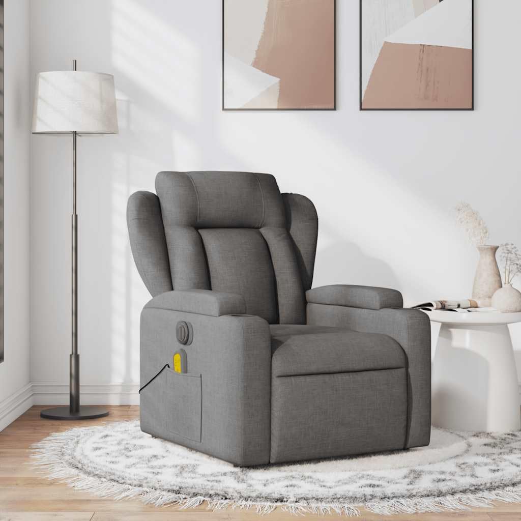 vidaXL Dark Gray Fabric Recliner Chair with 6-Point Vibration Massage, Adjustable Backrest & Footrest, Cup Holders, Side Pocket, Padded Seat, Perfect for Living Room or Home Theater Seating