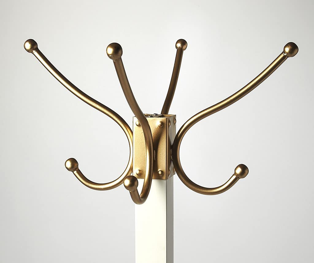 HomeRoots White, Gold Iron, Mango Wood Solids Logan Square White & Gold Coat Rack Tree