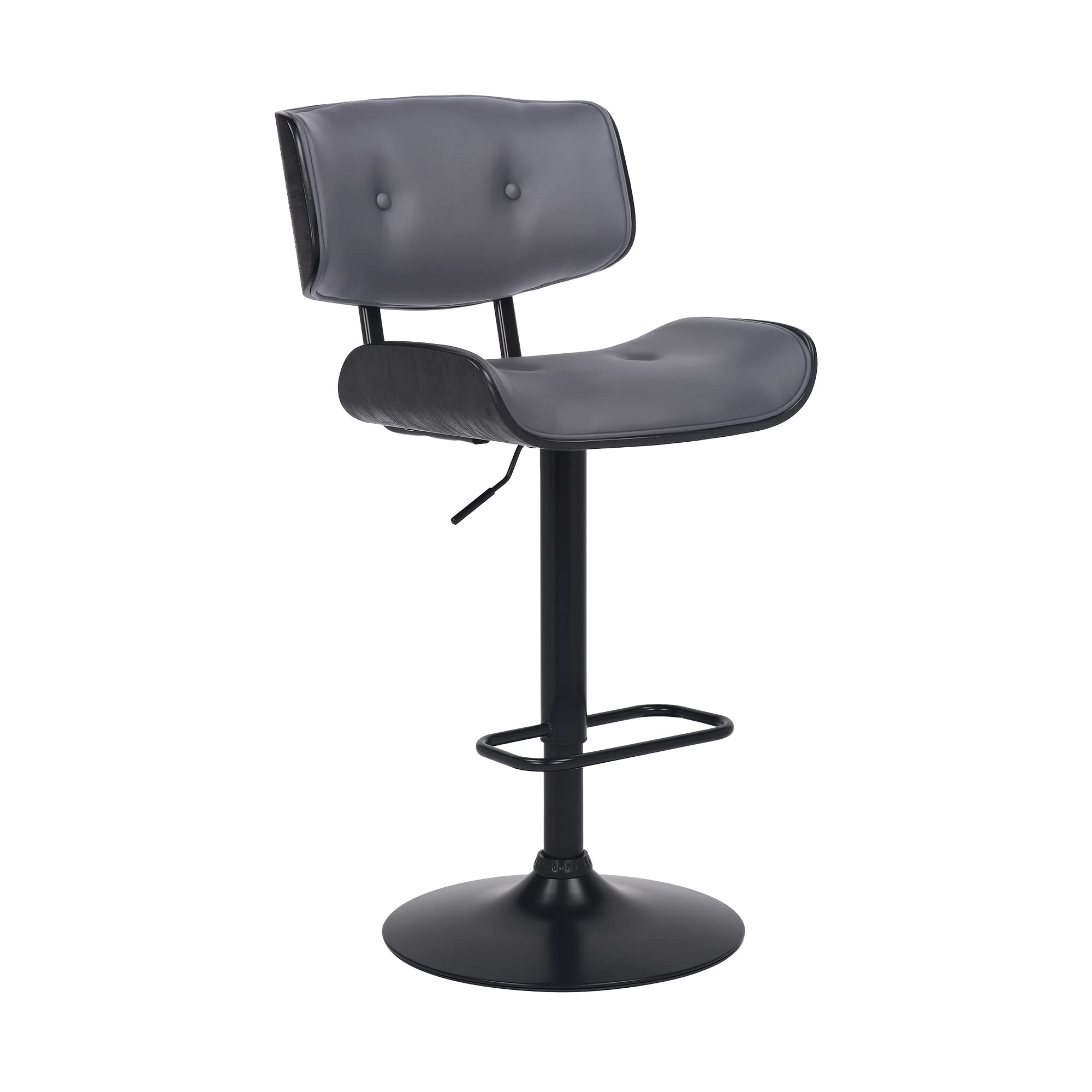 Armen Living Brooklyn Adjustable Swivel Gray Faux Leather and Black Wood Bar Stool with Black Base
