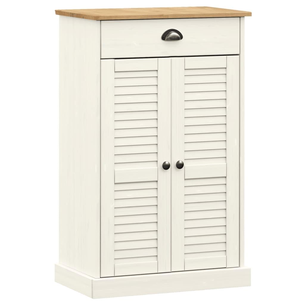 vidaXL White Shoe Cabinet with Doors - Solid Pine Wood Shoe Storage with 2 Shelves, 1 Drawer, Metal Handles, and Shutter Design - Dimensions 23.6" x 13.8" x 37.8" for Entryway or Bedroom