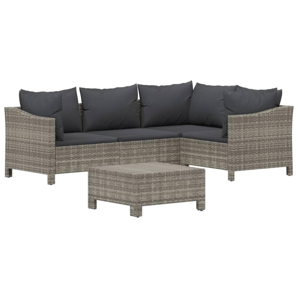 vidaXL 5-Piece Outdoor Patio Lounge Set with Cushions in Gray, Weather-Resistant Poly Rattan Material, Modular Design, Comfortable Padded Seats & Back