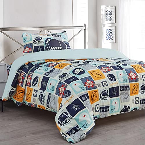Sapphire Home 6 Piece Sports Squares Twin Bedding Set For Boys, Bed In A Bag, Kids Comforter Set With Bed Sheets, Pillow Case, T