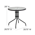 Flash Furniture Lila 28'' Round Glass Metal Table With Black Rattan Edging And 2 Black Rattan Stack Chairs