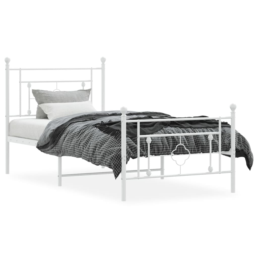 vidaXL White Metal Bed Frame with Headboard & Footboard, Strong Steel Construction, Under Bed Storage Space, Perfect for Bedroom