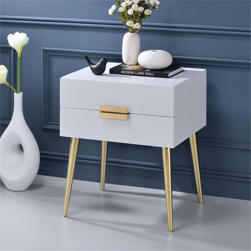 Acme Denvor Wood and Metal 2-Drawer End Table in White and Gold
