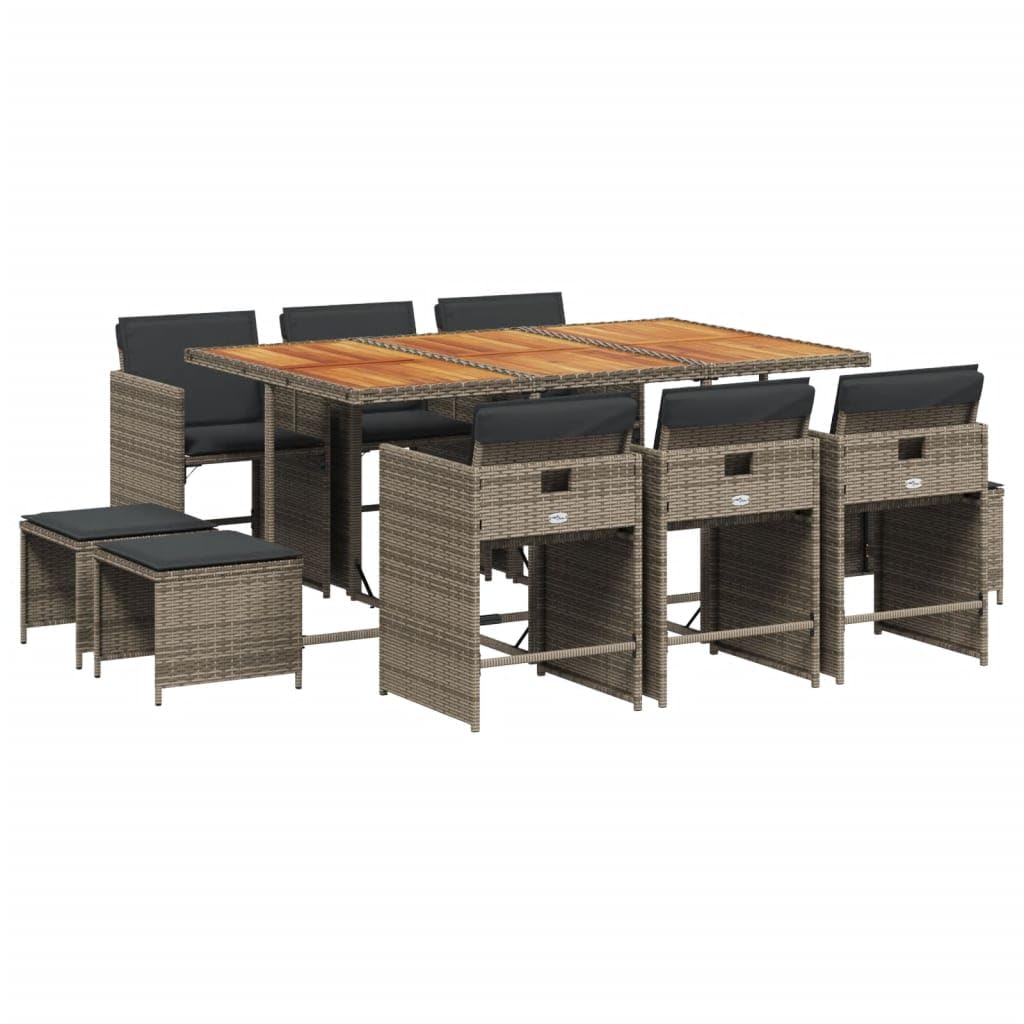 vidaXL 11-Piece Patio Dining Set with Cushions - Gray Poly Rattan/Acacia Wood, Weather-Resistant Outdoor Furniture for Garden, Backyard, Patio