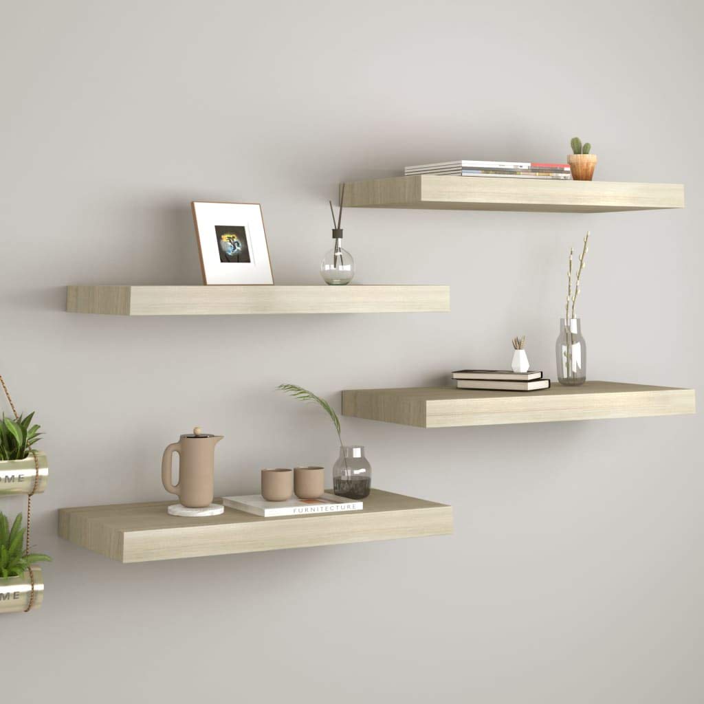 vidaXL Floating Wall Shelves in Oak, 4 pcs Set, 19.7&quot;x9.1&quot;x1.5&quot; Size, Stylish Decorative Display Racks, Easy to Assemble, Made of Durable Honeycomb MDF and Metal Frame