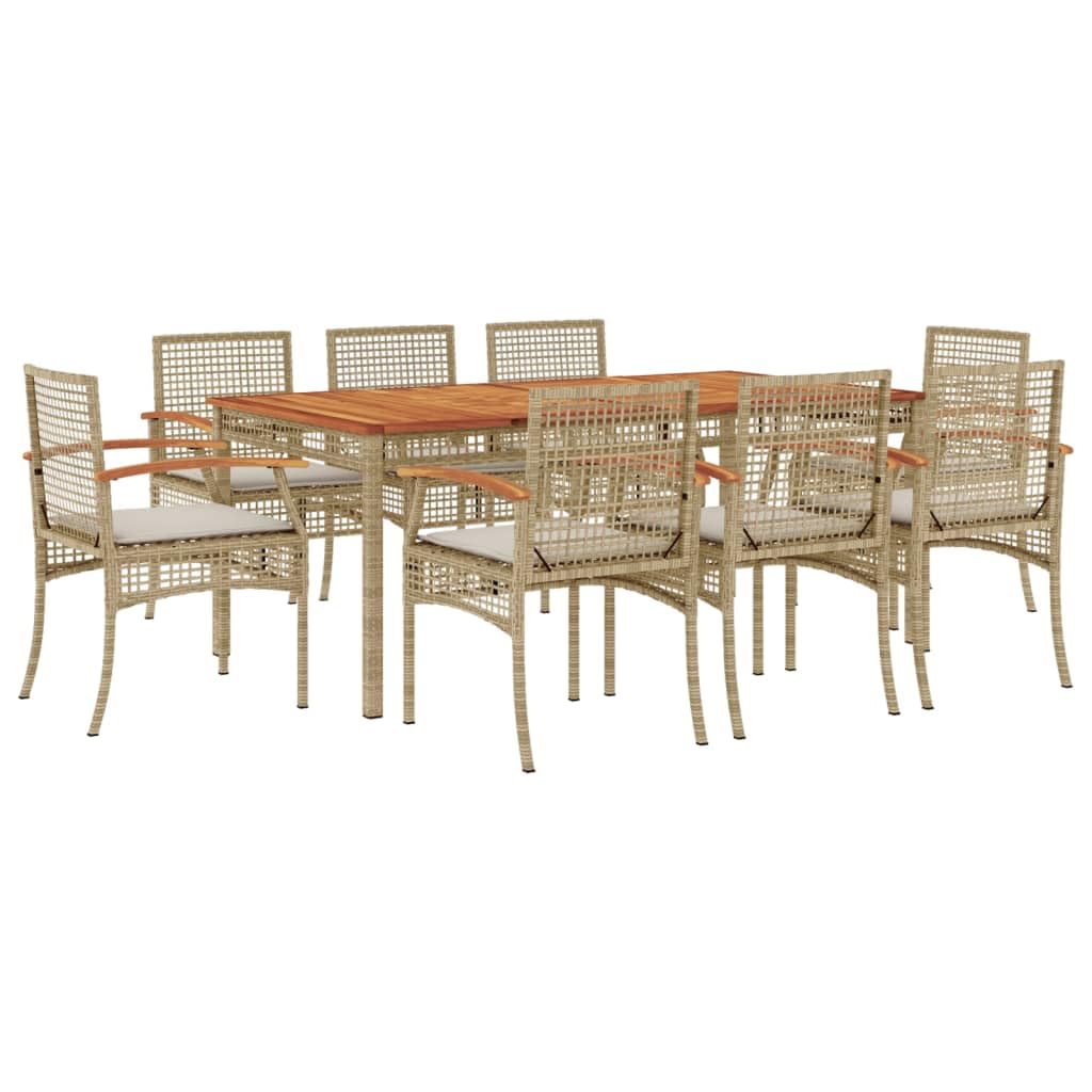 vidaXL Patio Dining Set with Cushions - 9 Piece Beige Poly Rattan Outdoor Furniture for Garden, Backyard, Patio - Includes Table & 8 Chairs