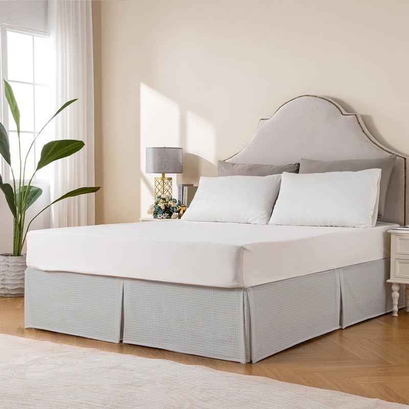 Miye Pleated Waffle Weave Bed Skirt, Tailored Dust Ruffle 16 Inch Drop Easy Fit, Machine Washable (Light Grey, Full - 16'' Drop)