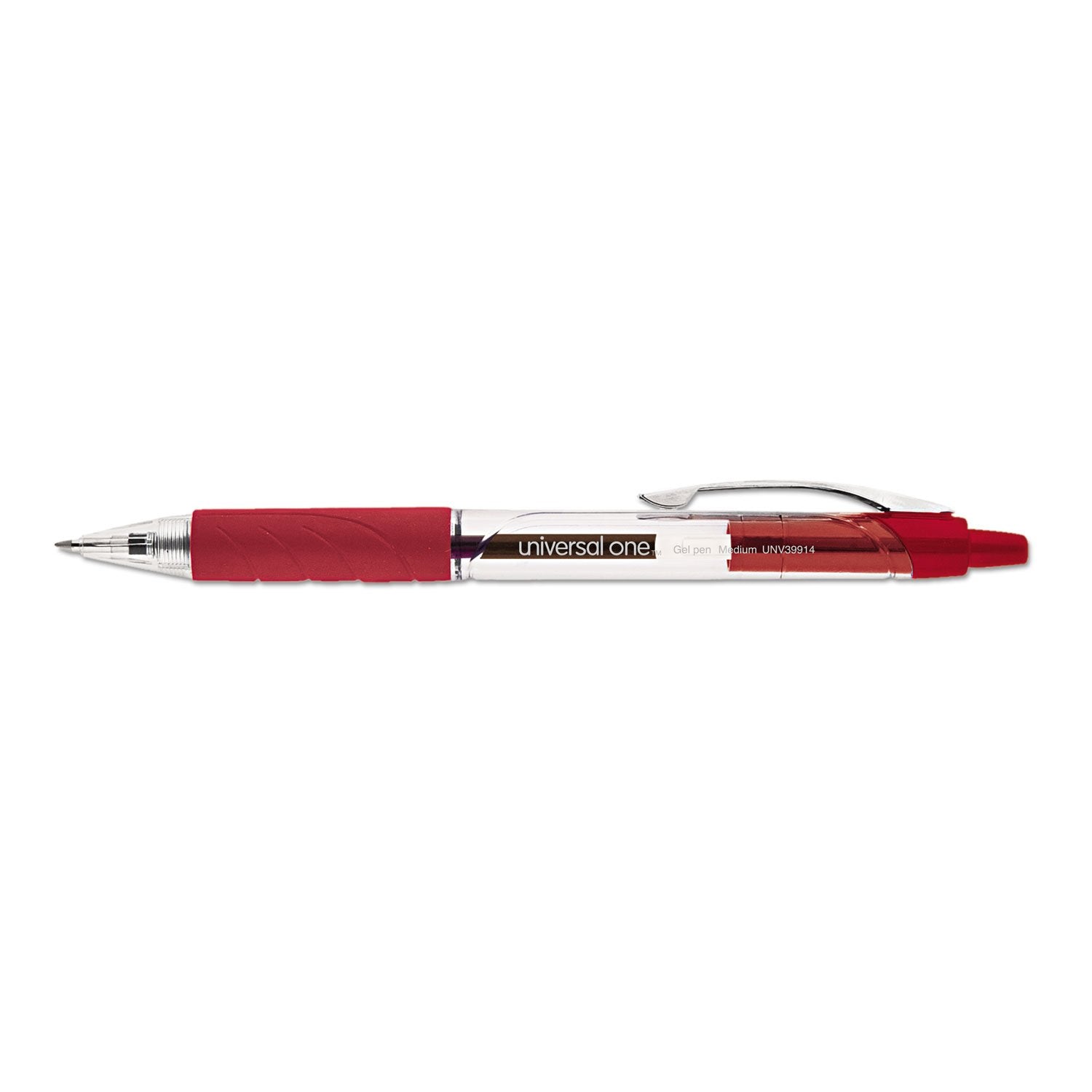 Universal 39914 Clear Roller Ball Retractable Gel Pen, Red Ink, Medium, Dozen