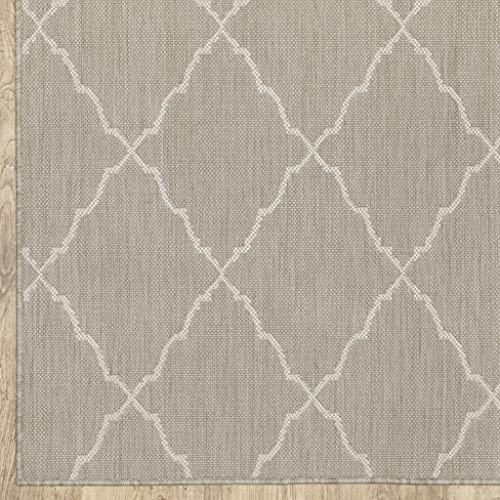 HomeRoots Grey Polypropylene 10’x13’ Gray and Ivory Trellis Indoor Outdoor Area Rug