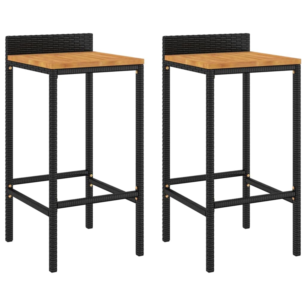 vidaXL Modern Bar Stools - Set of 2 | Black Poly Rattan and Solid Acacia Wood Seats | Weather-Resistant, Lightweight and Sturdy | Perfect for Outdoor and Indoor Use