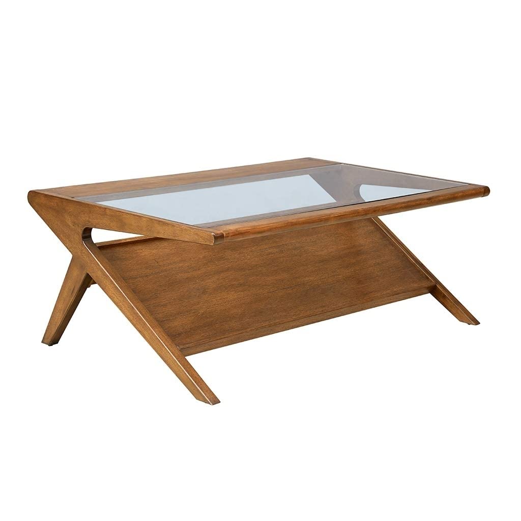 Ink+Ivy Rocket Coffee Table - Solid Wood, Glass Tempered Tabletop With Lower Magazine Display Shelf Industrial Vintage Style Acc