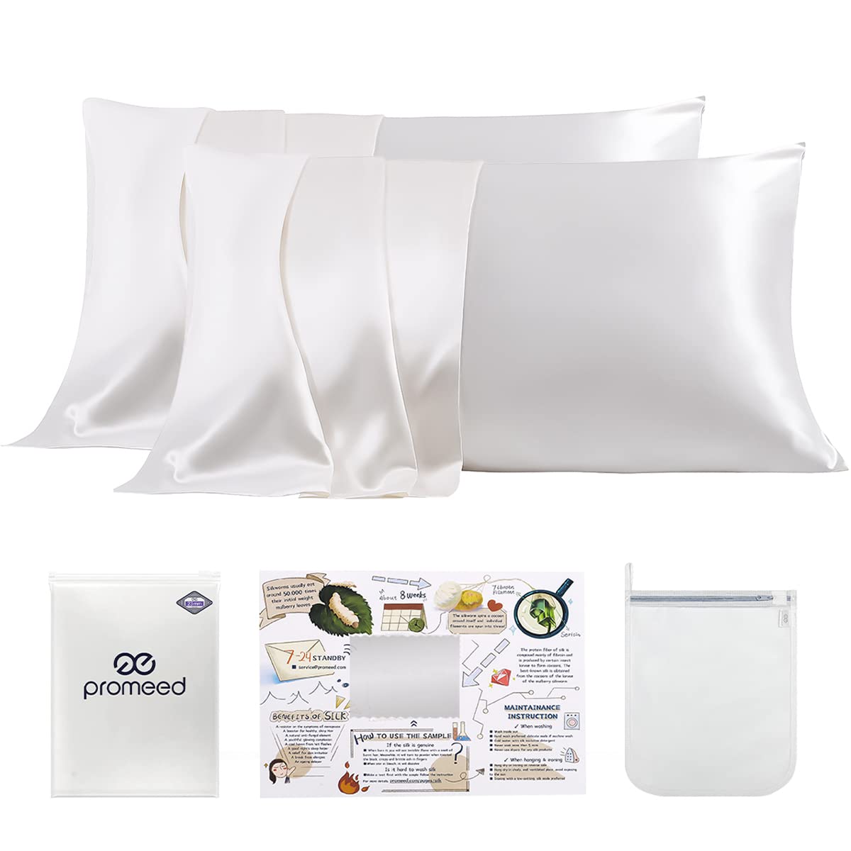 Promeed 100% Mulberry Silk Pillowcases 2 Pack King Size, 23 Momme 6A+ Grade Natural Silk Pillow Cases Set Of 2, Pure Silk Anti A