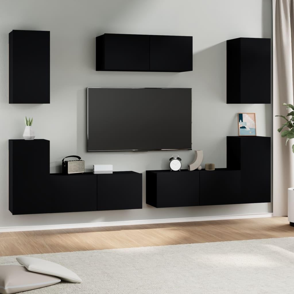 vidaXL TV Stand Set 7 Piece, Wall Mounted Entertainment Center, TV Stand Console with Storage, Modern Style, Black Engineered Wood
