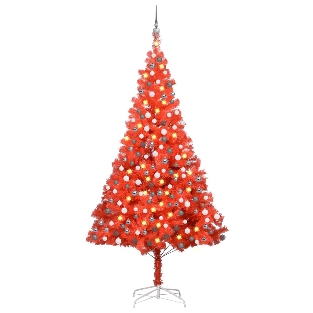 Vidaxl Artificial Christmas Tree, 94.5&quot; Height - Economical And Eco-Friendly, Pvc Construction With Sturdy Steel Feet, Energy-Efficient Led Lights, Includes Red Tree, Decorative Balls, And A Usb C...